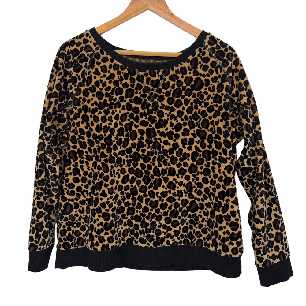 Liz Claiborne Sport Womens Leopard Print Velour Sweatshirt‎ Brown Black Large